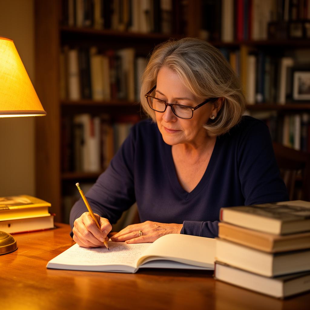 Experienced tutor reviewing notes at a wooden desk in a warm book-lined study
