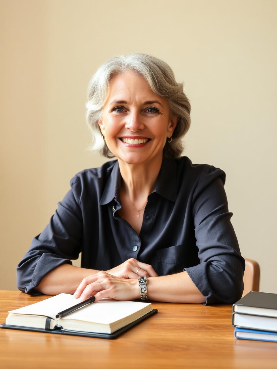 Nancy Thompson, TESOL-certified educator, smiling at her desk